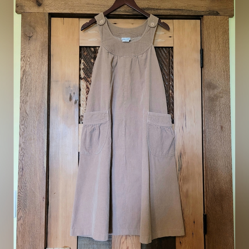 Vintage Miss Joni California Tan Mushroom Corduroy Jumper Dress with Pockets- L